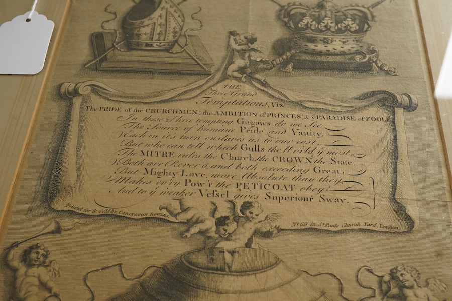 18th century, ‘The Three Grand Temptations’, printed and sold by Carington Bowles, St. Paul's Churchyard, London, satirical line engraving, 35 x 23cm